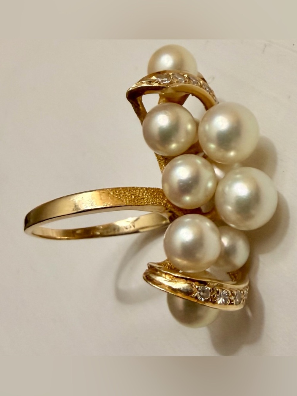 14k Gold Pearl Diamond Cluster Cocktail Ring - White Pearls - Picture 6 of 10